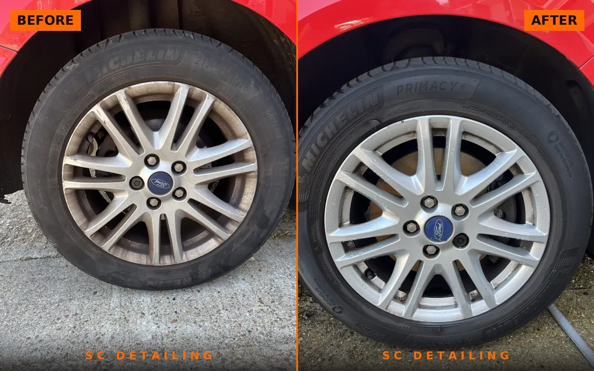 Ford Focus alloy wheel — before and after clean
